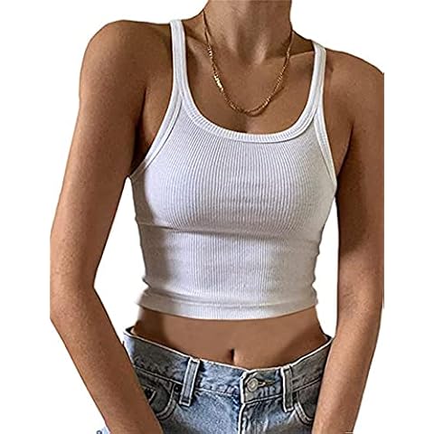 KAMISSY Women's Sleeveless Crop Tank Top Slim Fit Scoop Neck Ribbed Knit Basic Crop Cami Shirts Tops White Cover