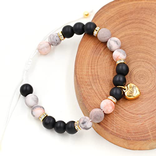 Image of Uloveido Natural Stone Mom Heart Charms Beaded Bracelets for Mum from Son or Daughter With Massage Card and Box | Mothers Day Jewelry Gifts
