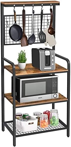 BEEWOOT Bakers Rack, Coffee Bar, Microwave Oven Stand with Shelf, Utility Storage Shelf for Spices, Pots, and Pans, Workstation with 11 Hooks, Stable Metal Frame, Rustic Brown BR01BB007