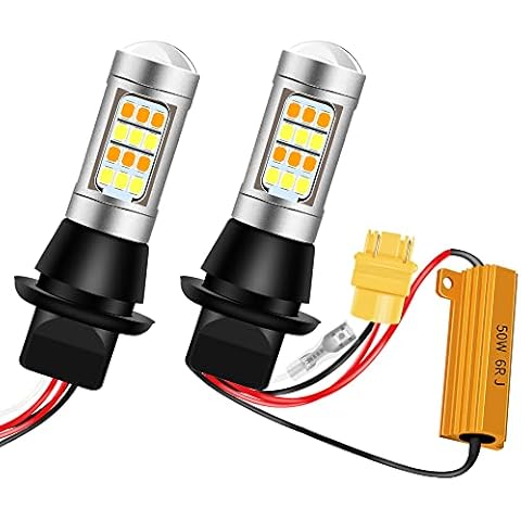 2Pcs 3157 3047 3057 3155 5630 LED Bulbs White/Amber Dual Color Switchback LED Turn Signal Light Daytime Running Lights DRL Canbus Error Free 2835 42 SMD 12V LED with 50W 6ohm Load Resistors Cover