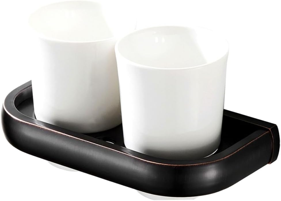 Vintage Copper Wall Mounted Double Toothbrush Holder with Ceramic Cups Heavy Duty Toothbrush Rack for Bathroom and Hotel Decor Black