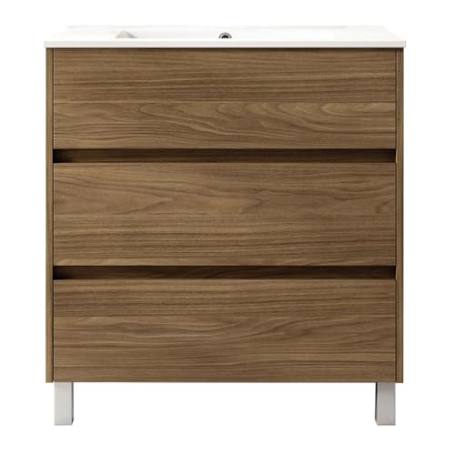 Kibath Mueble de Baño con Lavabo SIREX 100 cm 3 cajones con Patas Acabado Fresno Tea Mate Fabricado en Madera, Grande