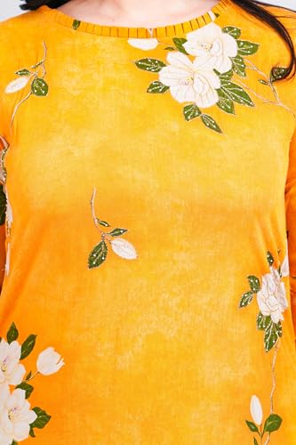 Image of Women Modal Cotton Kurti | Frill On Boat Neck, Print Highlighted with zari and Pearl Work | Straight Kurti | Boat Neck |Three Fourth Designer Sleeves