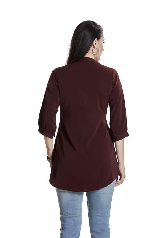Image of nioni Women's Purple Poly Linen Blend Tunic Top with 3 /4 Sleeves, Printed Yoke, Kantha Stitch Detailing & Mandarin Collar