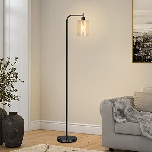 Qimh Industrial Floor Lamp For Living Room, Modern Standing Lamp With Hd Glass Lampshade And Pedal Switch, 67” Tall Pole Light For Bedroom Study Room, Black (2700K Led Bulb Included) #TOP1