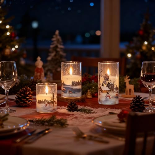 Image of Wondise Chrismtas Snowman Glass Flameless Candles with Remote Timer, Battery Operated Real Wax 3D Wick LED Flickering Pillar Candles for Christmas Decoration Thanksgiving Holiday Gift