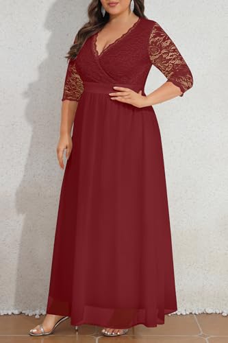 Image of Pinup Fashion Wedding Dresses for Bride Plus Size - Formal Evening Gown Wrap Neck Lace Chiffon Long Dress