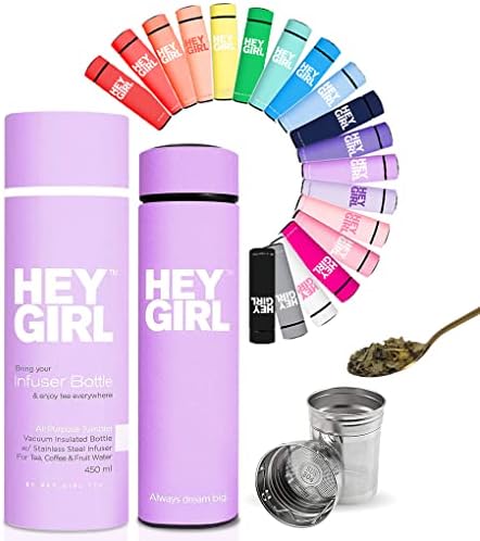 Hey Girl Tea Infuser Bottle 450ml - Insulated Stainless Steel Water Bottle - Thermos Tea Tumbler with Tea Diffuser - Portable Travel Mug for Loose Leaf Tea & Infused Water - Tea Lovers Gifts for Women