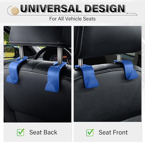 Image of SINGARO 4 Pack Car Seat Headrest Hooks, Vehicle Back Seat Hanger Storage Organizer for Purse Handbag Backpack Coat Grocery, 360 Rotating Heavy Duty Holds 44lbs, Blue