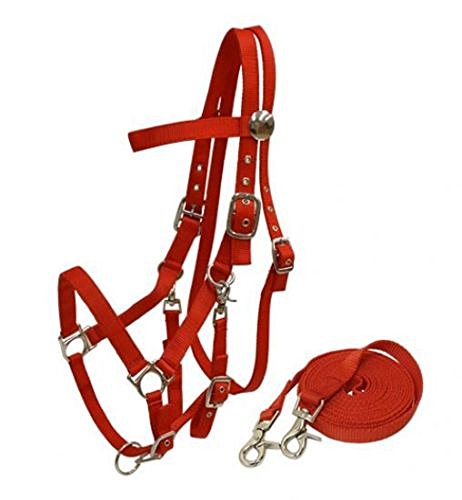 Heavy Duty Soft Nylon Horse Size Halter Browband Bridle Combo Trigger Snaps Cheeks & Reins (Red)
