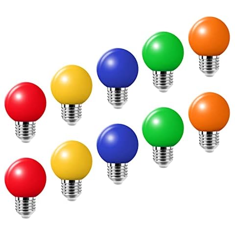 10Pack Colored Bulbs 2W E27 G45 Lighting Bulbs,LED Coloured Golf Ball Bulb Lamp,Mixed Colours Red Green Blue Orange Yellow Cover