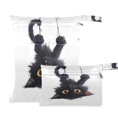 Coikll Wet Dry Bags for Cloth Diaper 2 Pack Waterproof Yoga Gym Bag for Swimsuit Wet Clothes Baby Items-?Naughty Black Cat?
