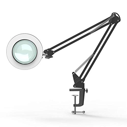 RajoNN Lámpara de Mesa Lámpara de Escritorio de Lectura de Anillo LED Moderna con Clip 5Xlens Lupa Abrazadera de luz Brazo oscilante Luz de Mesa Luz de Noche USB Regulable