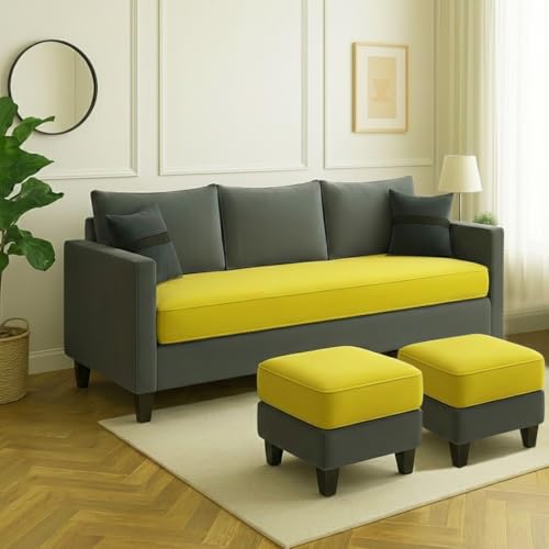 Image of FURNY Oreoy 5 Seater L Shape Sofa Set with 2 Movable Ottoman | Flexible Left or Right Layout | Plush Velvet Fabric (Yellow-Dark Grey) | Perfect for Living Room, Guest Room & Office