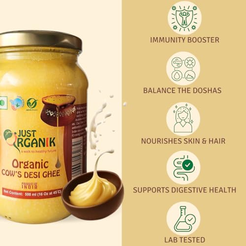 Image of JUST ORGANIK Traditional Bilona Ghee (500 ml) - certified organic Grass Fed Cow's Desi Ghee | Rich in Nutrients & Flavor | Boosts Immunity, Supports Digestion | Cow Ghee for Cooking & Ayurvedic Health