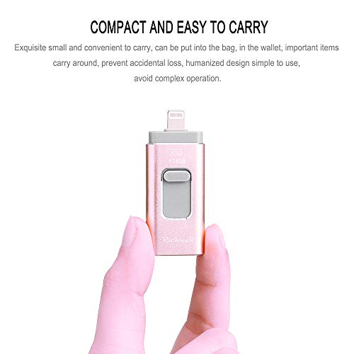 USB Flash Drive 128G Thumb Drive for iPhone Photo Stick 3in1 USB 3.0 Memory iPad Flash Drive USB Stick External Storage Richwell Password/Touch ID Protected/Android and Computer(Pink128G-XT)