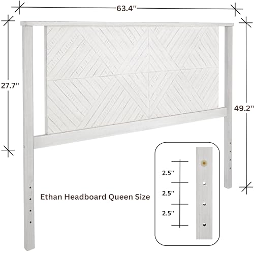 Image of Bme Ethan Diamond Queen Headboard ONLY, Rustic and Scandinavian Style, Solid Acacia Wood, Easy Assembly, Queen Size Headboard Option Available, Classic Design for Bedrooms, Rustic White