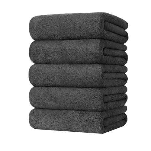 バスタオル 大判 5枚セット タオル マイクロファイバー 約60×120cm 吸水はやい ふわふわ 肌に優しい 柔らかい 抗菌防臭 毛羽落ちしない 風呂上がり 家庭用 プレゼント (ダークグレー)
