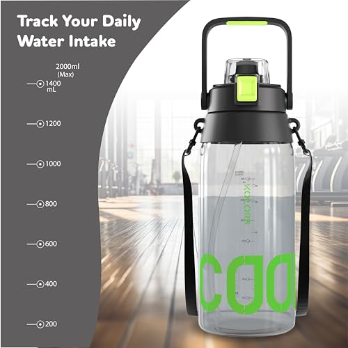 Image of KOLORR Sprint+ 2000 ml Fitness Gym Non-Toxic Water Bottle|Dual Opening Mount Design with Mobile Holder|Motivational Bottle|Durable Handle, Easy to Carrying Strap, One-Click Lock - Black & Green