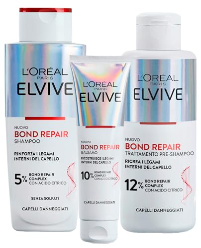 L'Oréal Paris Elvital Bond Repair Set für beschädigtes Haar, Shampoo ohne Sulfate, 200 ml + Aufbauspülung 150 ml + Pre-Shampoo mit Zitronensäure, 200 ml, 3 Stück