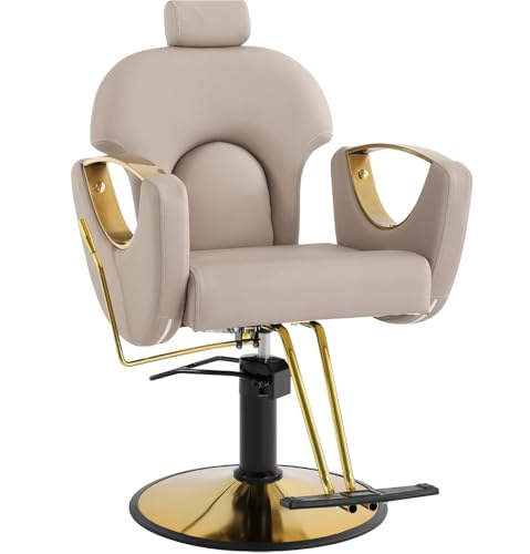 JINPALAY Silla de peluquería Profesional Sillón Profesional Giratoria 360°con Altura Regulable Reposacabezas Ajustable y Reposapiés para Salón de SPA y Belleza, Barbería, Carga 150 kg (Beige Dorado)