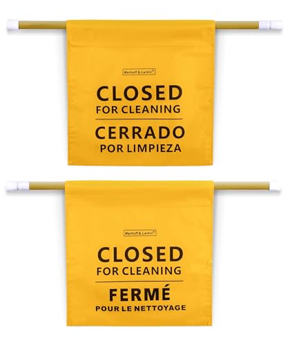 Closed For Cleaning Sign | English, Spanish & French | 28-53 Inch Expandable | For Janitors, Restrooms, & Bathrooms | Closed Restroom Cleaning Signs | Yellow Commercial Hanging Doorway Safety Banner