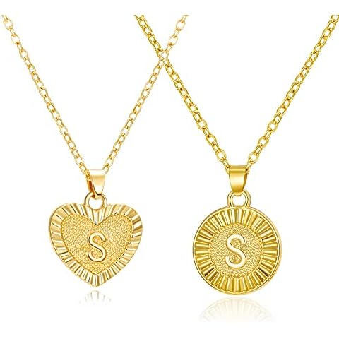 RINHOO 2PC/Set Initial Letter Necklace 18k Gold Plated Heart Round Love A-Z 26 Capital Pendant Monogram Necklaces Jewelry for Women Girl, 18k Gold Plated, gold plated Cover