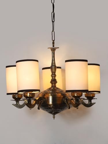 Image of Devansh 05 Lights White & Black Round Cotton Shade with Antique Golden Chandelier