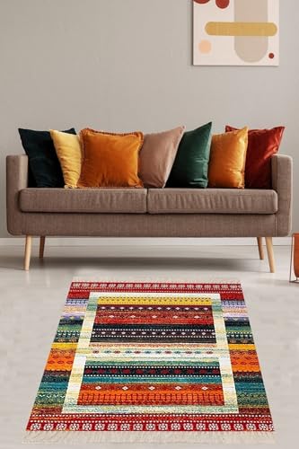 On The Clouds Kilim Desenli Renk Geçişli Yıkanabilir Kaymaz Taban Leke Tutmaz Etnik Salon Halısı ve Yolluk BFOETN1,40 x 40