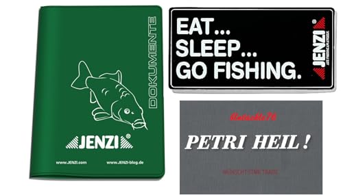 blntackle76 Lot de 2 porte-permis de pêche Jenzi + autocollant gratuit « eat Sleep go Fishing Petri Heil », vert, 1, 1 sac, 1 autocollant Eat, 1 autocollant...