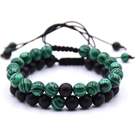 Belons Distance Bracelet 8mm Green Malachite & Black Matte Agate Energy Stones Beaded Bracelets Braided Macrame Tassels, Adjustable Size Cover