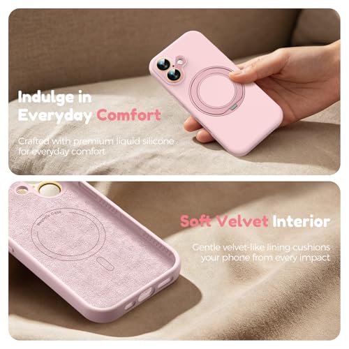 Image of Silicone 360 Spin Magnetic Stand Case for iPhone 17, [Compatible with Mag-Safe][Reinforced Hard Camera Protection]Shockproof Liquid Silicone Rubber Phone Case Cover with Ring, Camera Button, Pink