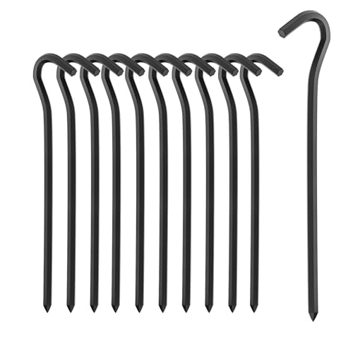 10Pcs Metal Tent Pegs with Hooks. 7 inches Durable Garden Stake Ground Anchors Awning Metal Hooks. Heavy Duty, Waterproof & rustproof, Ideal for Camping, Yard Decor, Picnic & tarp(Black)