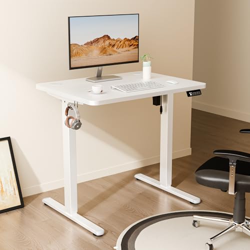 Image of ERGOMAKER Electric Standing Desk 80x60cm (31 inchx23.6 inch), Height Adjustable Sit Stand Desk with Splice Board for Home Office, Computer Desk Memory Preset (White Frame + White Desktop)