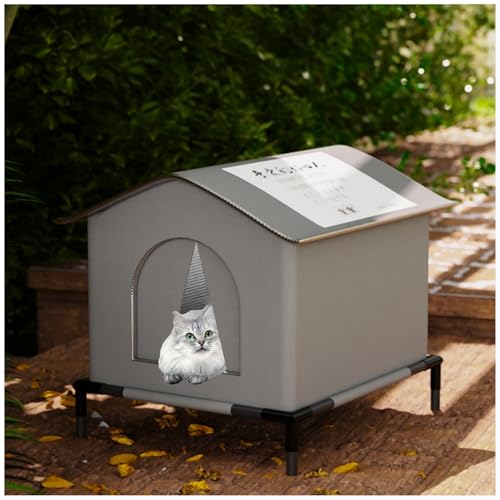 Caseta para gato exterior elevada 7 cm, habitáculo impermeable antihumedad con techo inclinado drenante, caseta aislada para gatos callejeros en el jardín, ideal para otoño e invierno (gris, L)
