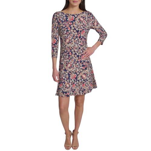 Image of Tommy Hilfiger Women's 3 /4 Sleeve High Neck Ruffle Trim Jersey Mini Dress