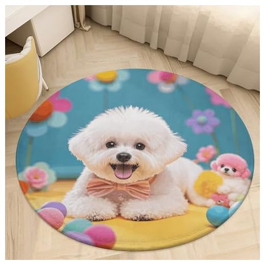 Round Area Rug 2' Thin 0.2" Low Pile Cute Bichon Frise Dog Carpet for High Traffic Areas Washable Coral Velvet Welcome Door Mat Non-Slip Grip Floor Mats for Bedroom Living Room Entryway Dorm