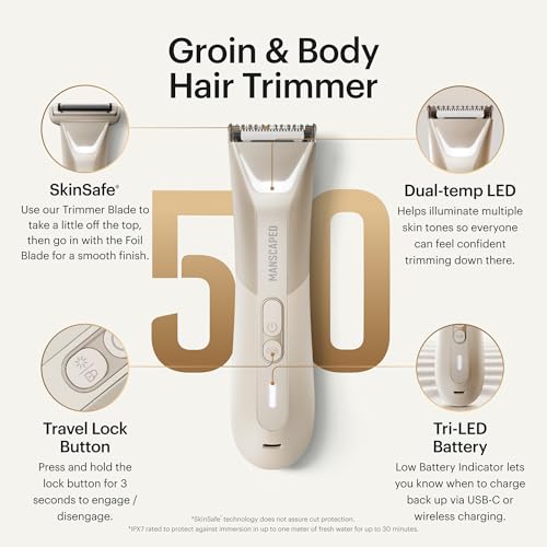 Image of MANSCAPED The Lawn Mower 5.0 Ultra Groin & Body Hair Trimmer - Dual-Head SkinSafe Trimmer & Foil Blades, Waterproof Groomer, USB-C Rechargeable with Travel Case, Men's Ball Shaver, Desert Sand