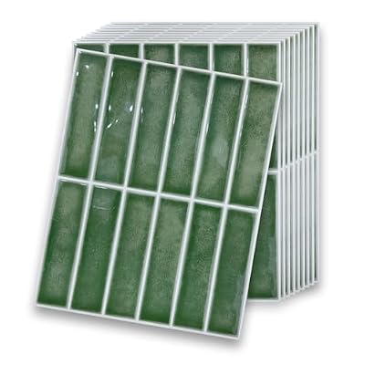 ZRJT Peel and Stick Backsplash Tiles 10-Sheet, 10” x 8” Self Adhesive 3D Subway Waterproof Wall Tile Stick on Backsplash for Kitchen Bathroom RV Fireplace, Green
