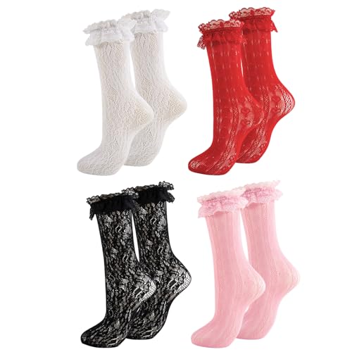 Image of Women Lace Ruffle Socks White Black Frilly Lolita Crew Dress Socks