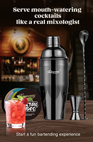 KITESSENSU Cocktail Shaker Set, Stainless Steel Martini Shaker Set with 24 Ounce Cocktail Mixer with Drink Shaker, Measuring Jigger, Bar Spoon & Drink Recipe Guide, Black
