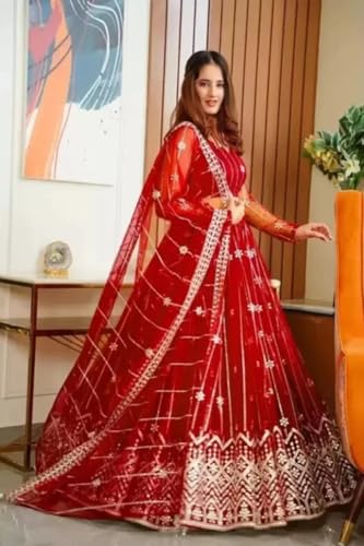 Image of Traditional Net Lehenga Choli Set for Women and Girls | Ethnic Wedding Outfit Ghagra Choli with Matching Dupatta