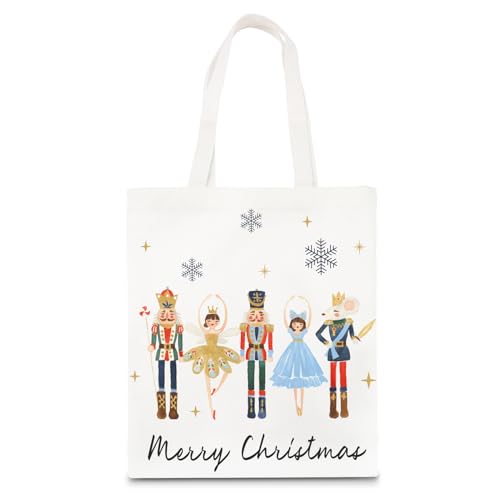 Whaline Christmas Canvas Tote Bags Watercolor Nutcrackers Xmas Grocery Shopping Bag Merry Christmas Reusable Gift Goodie Bag for Gifts Wrapping Storage, 13.4 x 15.8in
