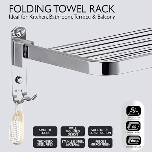 Image of Pivalo 304 Grade Stainless Steel Folding Towel Rack Multipurpose Wall Mounted Hook Hanger Bar Shelf Bathroom Accessories and Fittings for Kitchen Washroom Wash Basin (Pack of 1, Square, 1025A)