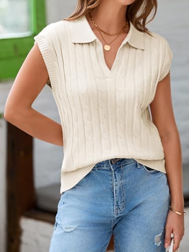 Saodimallsu Womens V Neck Polo Sweater Vest Cable Knit Cap Sleeve Spring Summer Casual Loose Pullover Tops4