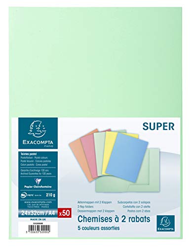 Chemises A4 Exacompta Super 210 à 2 rabats en lot de 50 couleurs assorties
