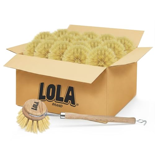 LOLA Dishwashing & Vegetable Brush The Original, 72 Pack, 3" Head, Sustainable Wood Handle w/Tampico Fiber Bristles, Safe for Non-Stick Pans, Dishes, Cast Iron Skillet - Easy Head Only Replacement