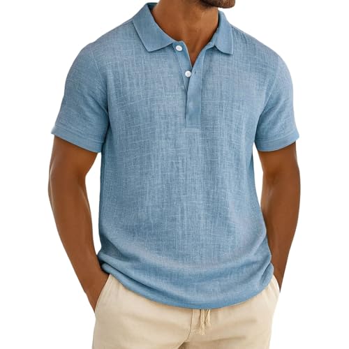CHUNOTU - Polo de algodón y lino para hombre, manga corta, cuello de botón, transpirable, para verano, playa, vacaciones, azul celeste, 4XL