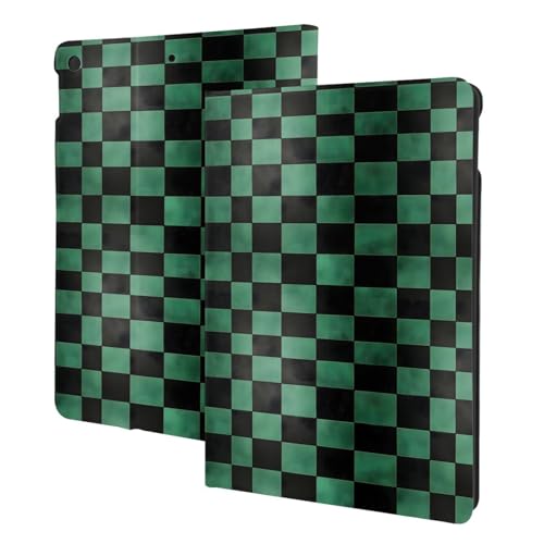 Housse iPad 10.2 compatible 9e/8e/7e gén à motif carreaux vert et noir retro