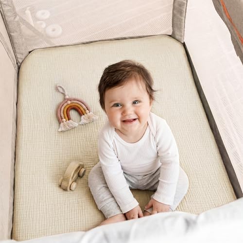 Image of Pro Goleem Muslin Pack n Play Sheets for Boys and Girls, Soft Breathable Cotton Fitted Mini Crib Sheets, Neutral Baby Sheets for Playard Mattress, 2 Pack (Brown&Beige)